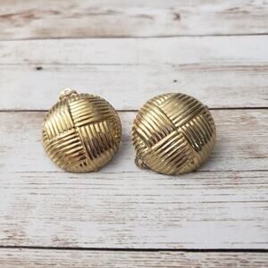 Vintage Clip On Earrings Domed Circle Gold Tone with Basket Weave Pattern